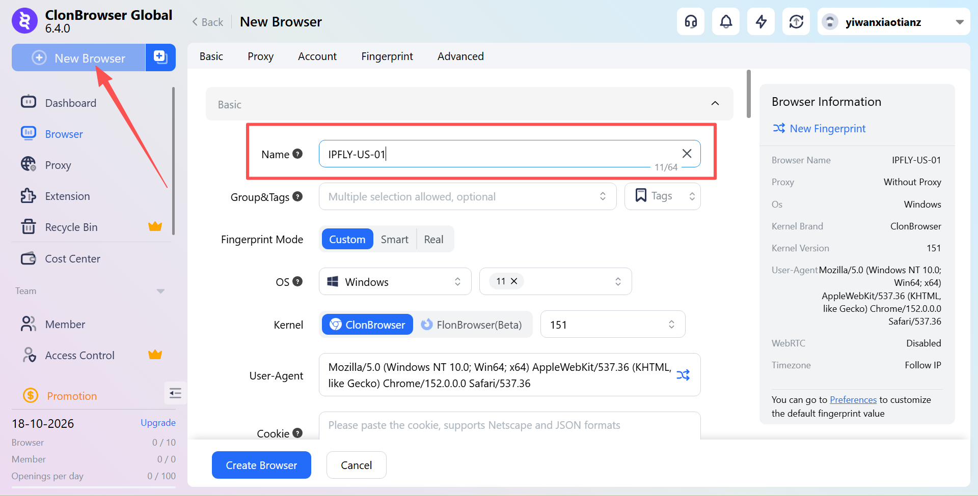 Create and name an IPFLY browser environment in ClonBrowser