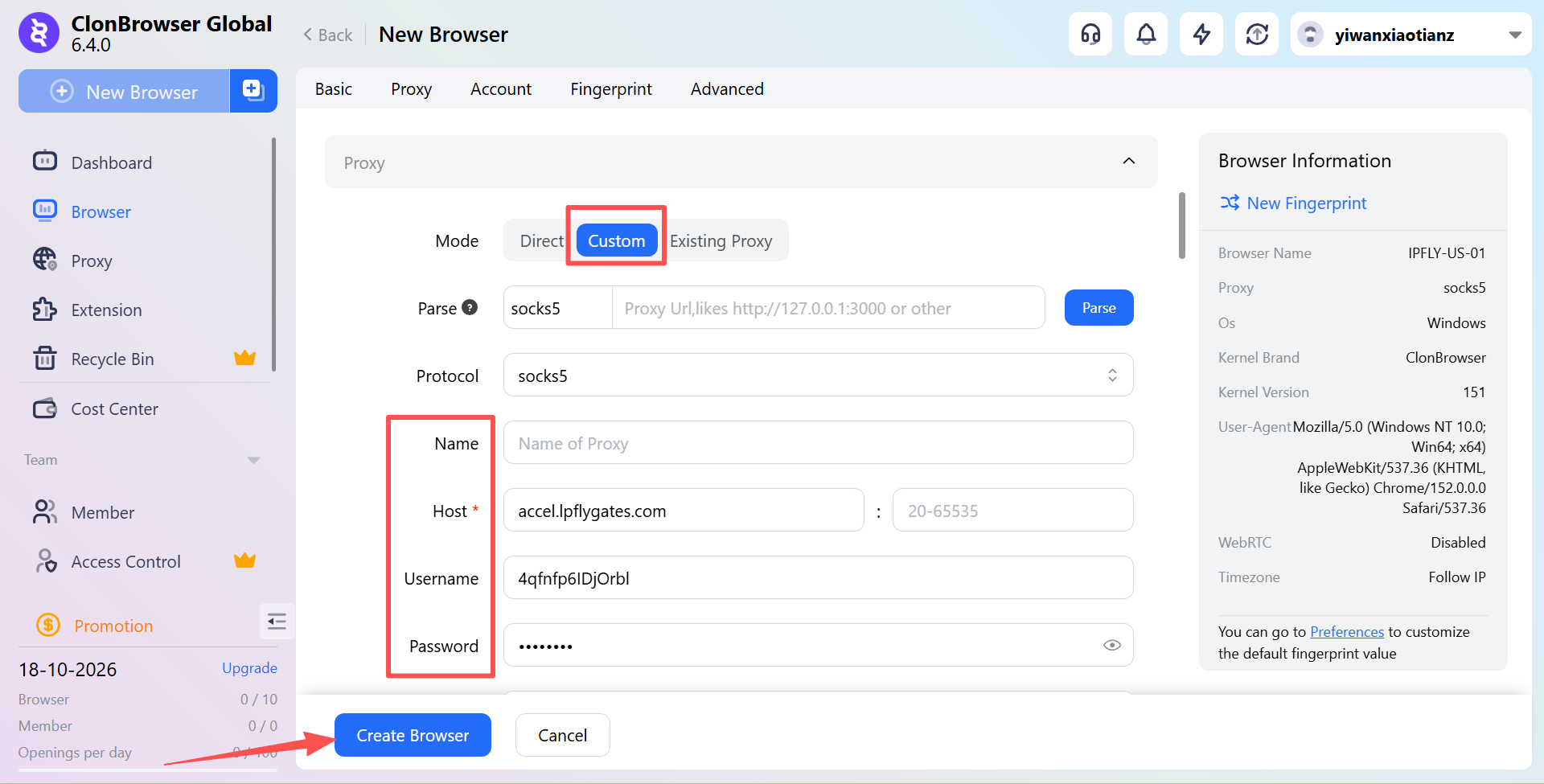 Enter IPFLY SOCKS5 proxy settings in ClonBrowser