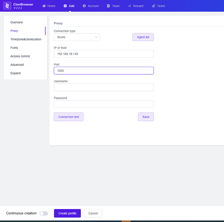 Configure agent in profile interface