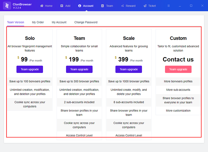 clonbrowser team packages price