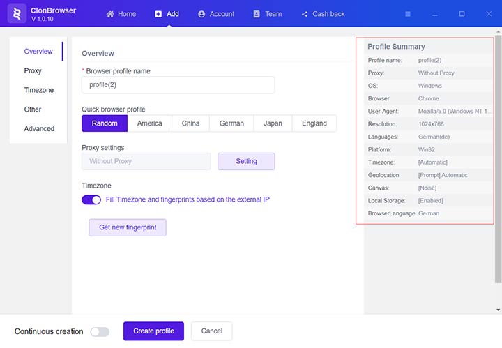 clonbrowser configuration summary