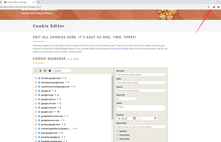 Click the Cookie Editor icon