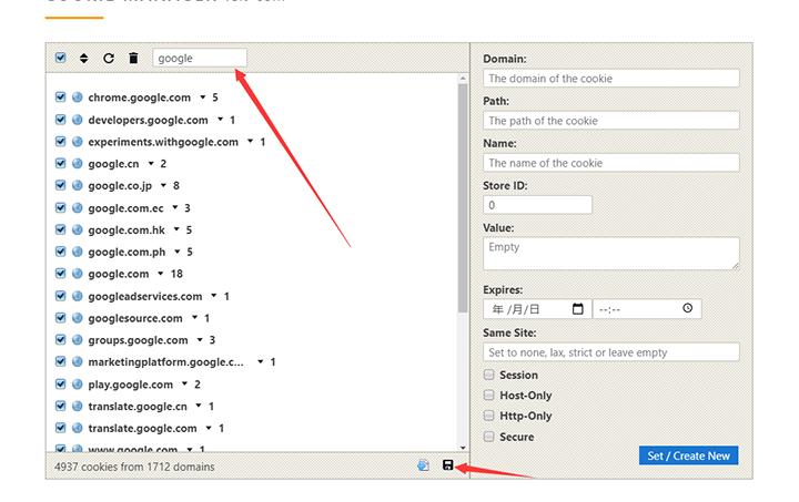 Select the cookies to be exported